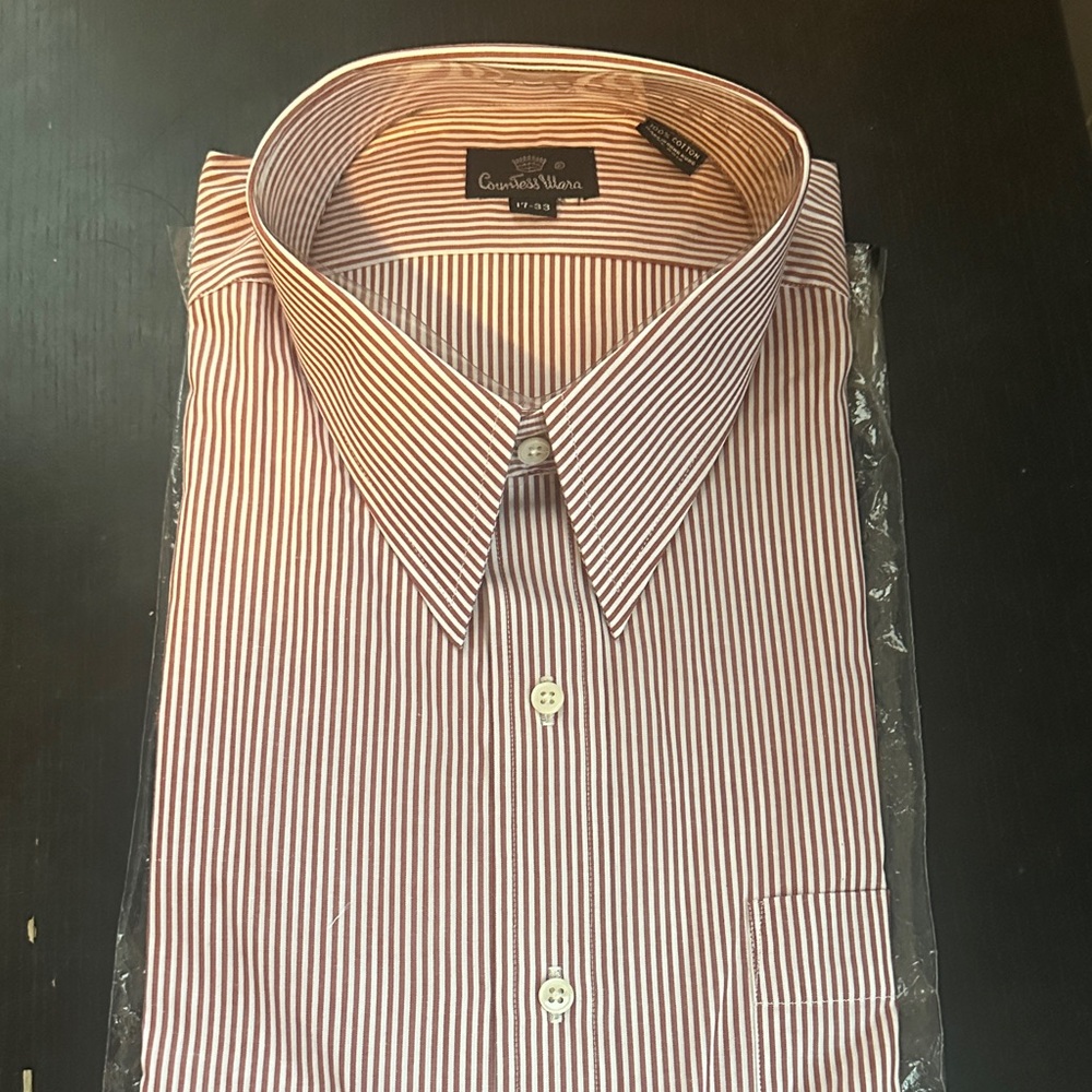 Men's Burgundy and White Striped Dress Shirt
17/33 with one front pocket